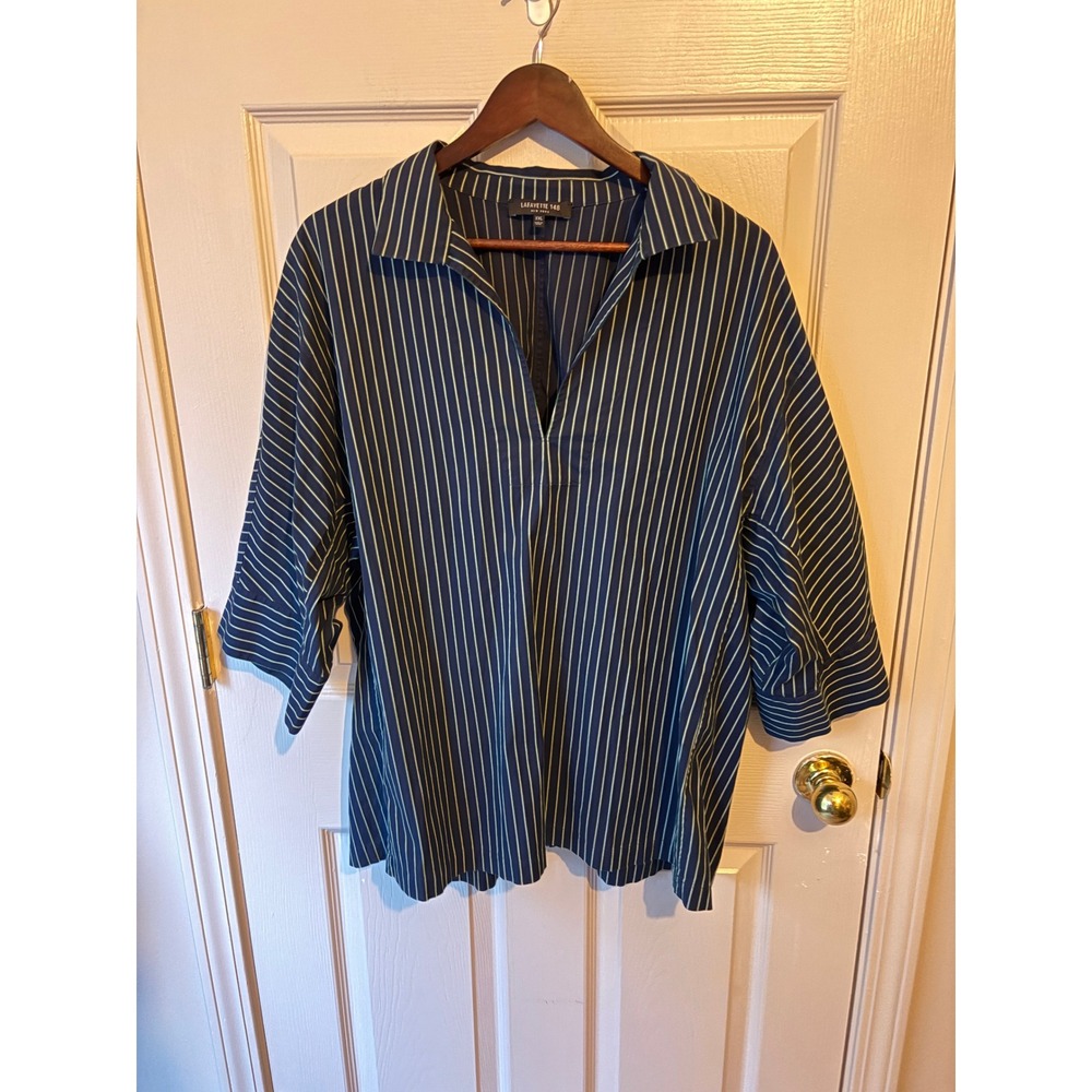 Lafayette 148 New York Navy Striped V-Neck Oversized Tunic Top XXL
